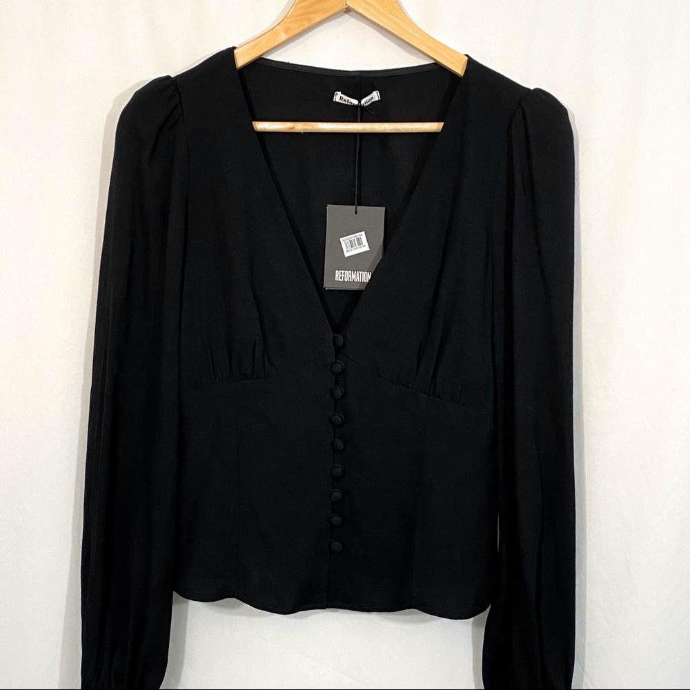 NWT Reformation Adrienne Black V-Neck Blouse Top - Picture 4 of 8